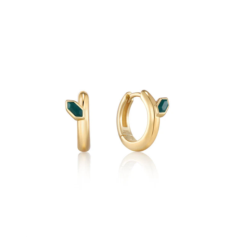 Gold Malachite Emblem Huggie Hoop Earrings by Ania Haie