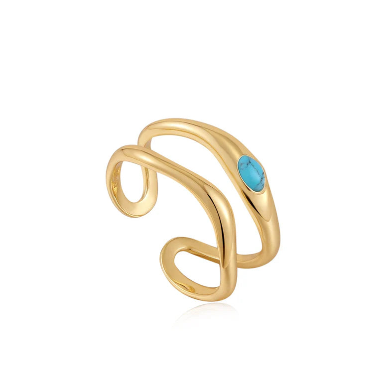 Gold Turquoise Wave Double Band Adjustable Ring by Ania Haie