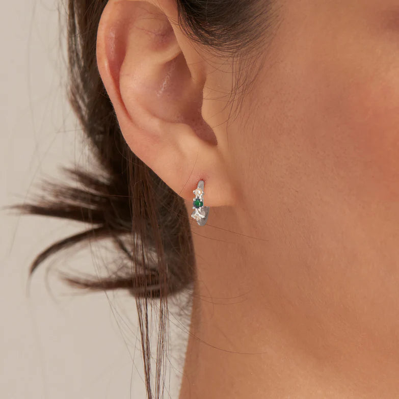 Silver Malachite Star Huggie Hoop Earrings by Ania Haie