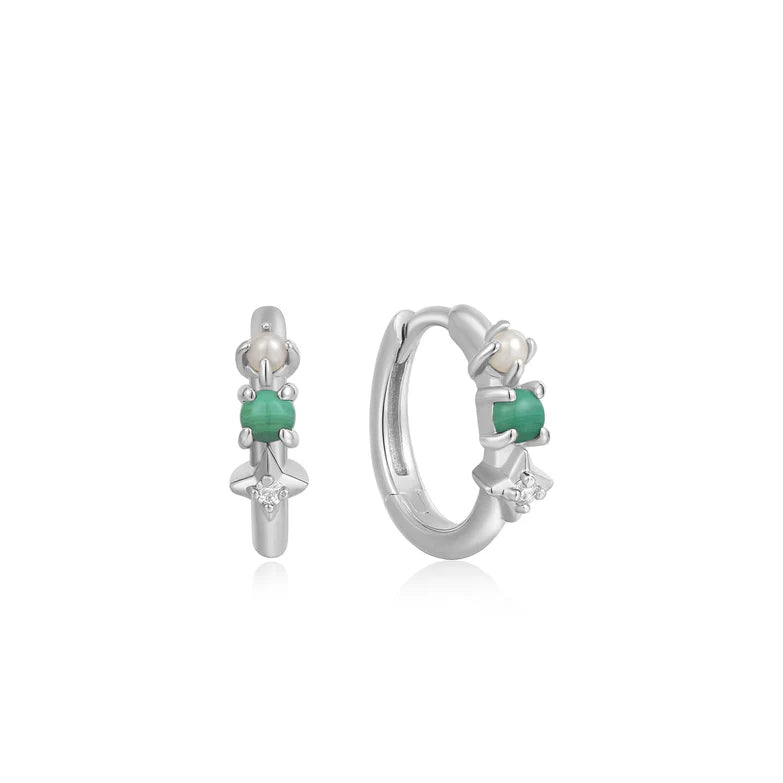 Silver Malachite Star Huggie Hoop Earrings by Ania Haie