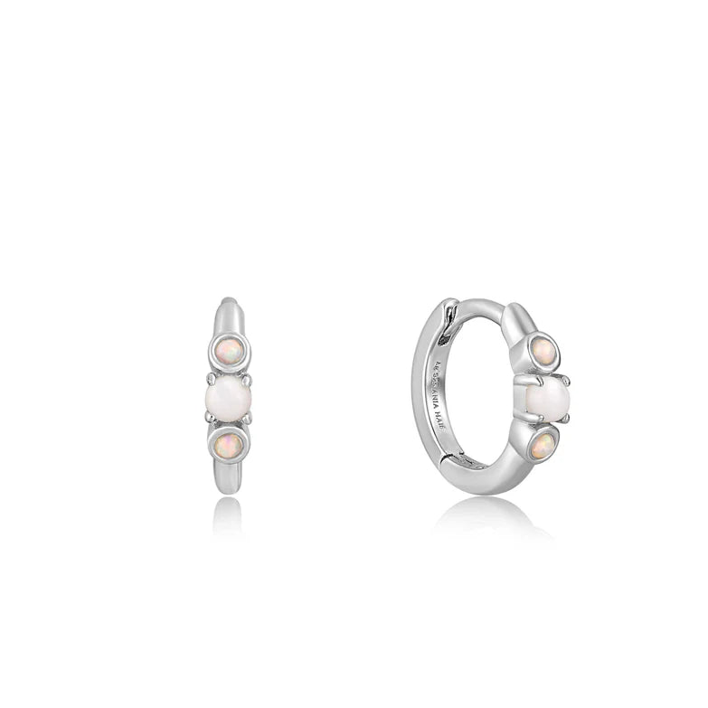 Silver Mother of Pearl & Kyoto Opal Huggie Hoop Earrings by Ania Haie