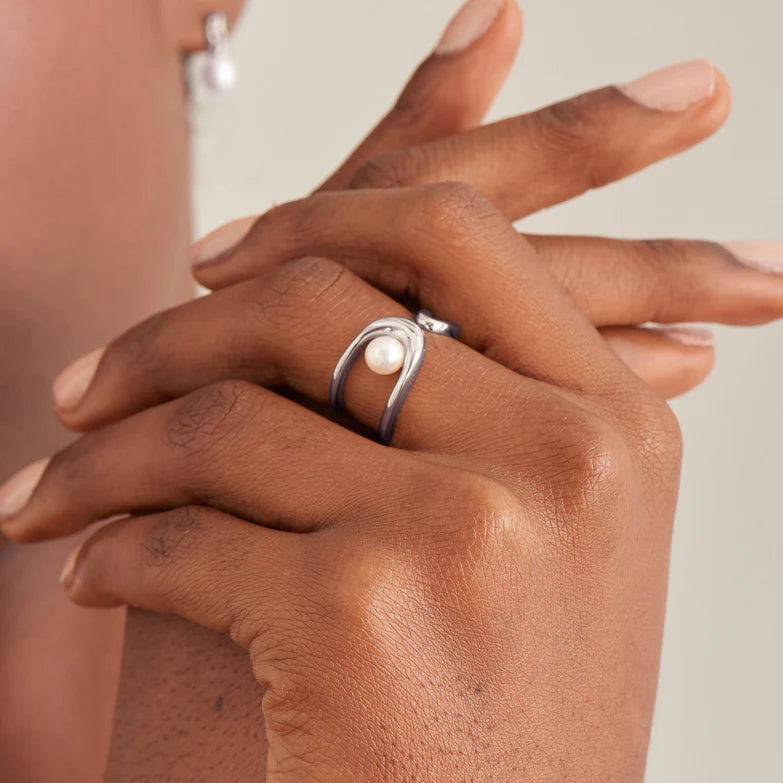 Silver Pearl Sculpted Adjustable Ring by Ania Haie