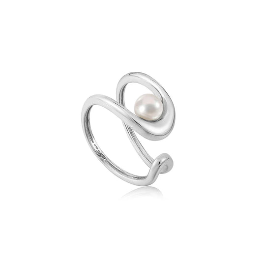 Silver Pearl Sculpted Adjustable Ring by Ania Haie