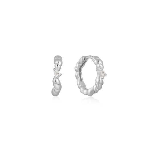 Silver Twisted Wave Huggie Hoop Earrings by Ania Haie