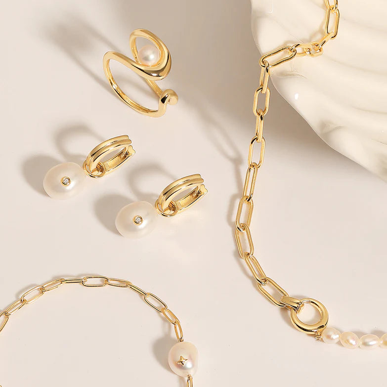 Gold Pearl Drop Sparkle Huggie Hoop Earrings by Ania Haie