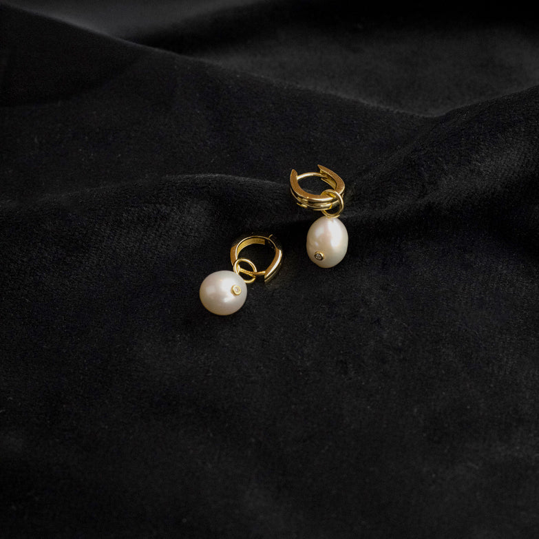 Gold Pearl Drop Sparkle Huggie Hoop Earrings by Ania Haie