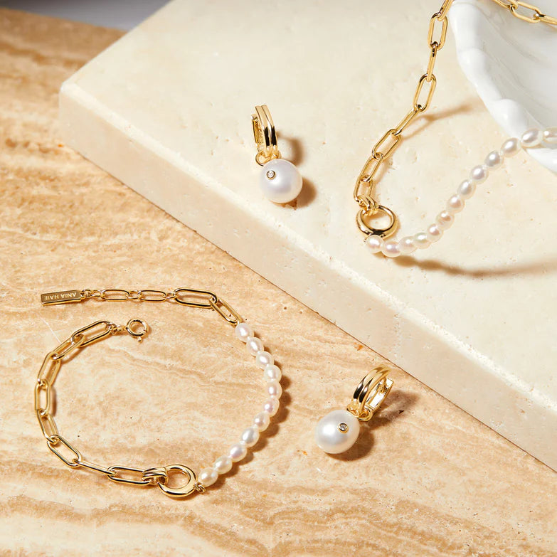 Gold Pearl Drop Sparkle Huggie Hoop Earrings by Ania Haie