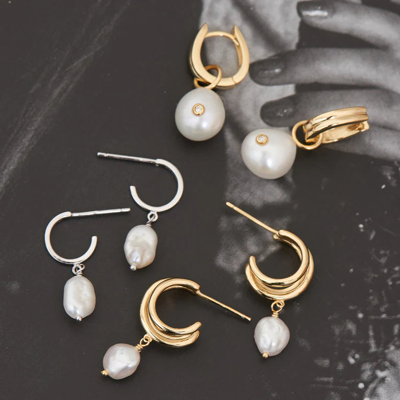 Gold Pearl Drop Sparkle Huggie Hoop Earrings by Ania Haie