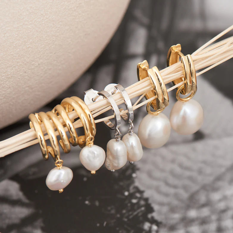 Gold Pearl Drop Sparkle Huggie Hoop Earrings by Ania Haie