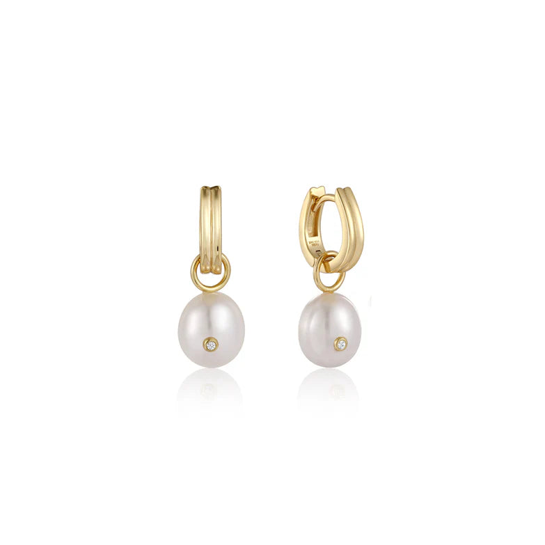 Gold Pearl Drop Sparkle Huggie Hoop Earrings by Ania Haie